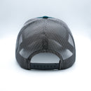 Shows grey mesh back of LoPro teal trucker cap hat with Fair Flies genuine leather patch on the front.  Adjustable plastic snap closure.