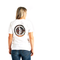 Brown Trout Pocket Tee in White, showing the back decal on a woman