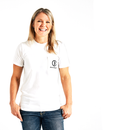 Brown Trout Pocket Tee in white, front view, on a smiling lady with Fly Fishing Collaborative logo on the front pocket over left chest