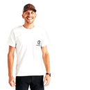 Brown Trout Pocket Tee in white, on a smiling man, with the Fly Fishing Collaborative logo in black on the pocket over left chest.