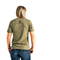 Rainbow Trout T-Shirt in Olive, back view, featuring the Fly Fishing Collaborative logo and #fishwelldogood in the center between shoulder blades.