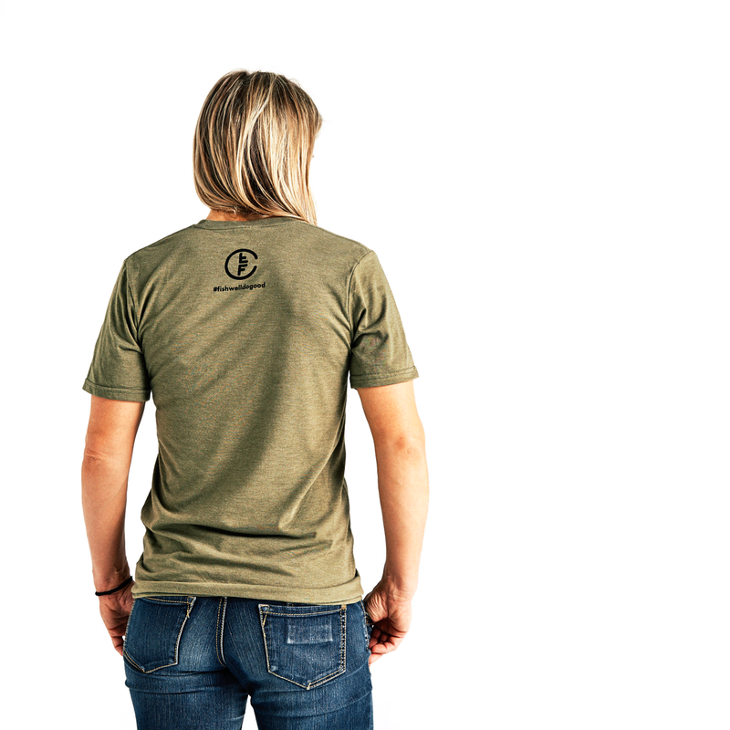 Rainbow Trout T-Shirt in Olive, back view, featuring the Fly Fishing Collaborative logo and
