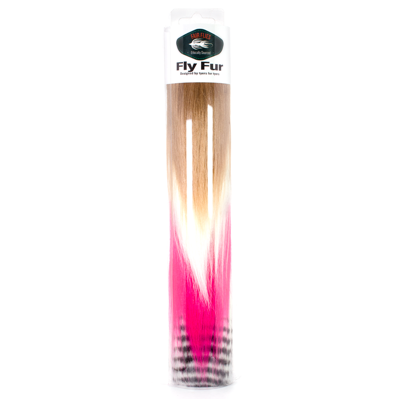The Saltwater 4 Pack Fly Fur contains a piece of Tan, White, Hot Pink, and White Barred Black furs.