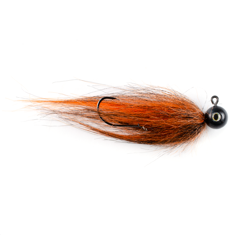 Black quarter ounce jig head with balck and orange Fair Flies fly fur for skirting materials