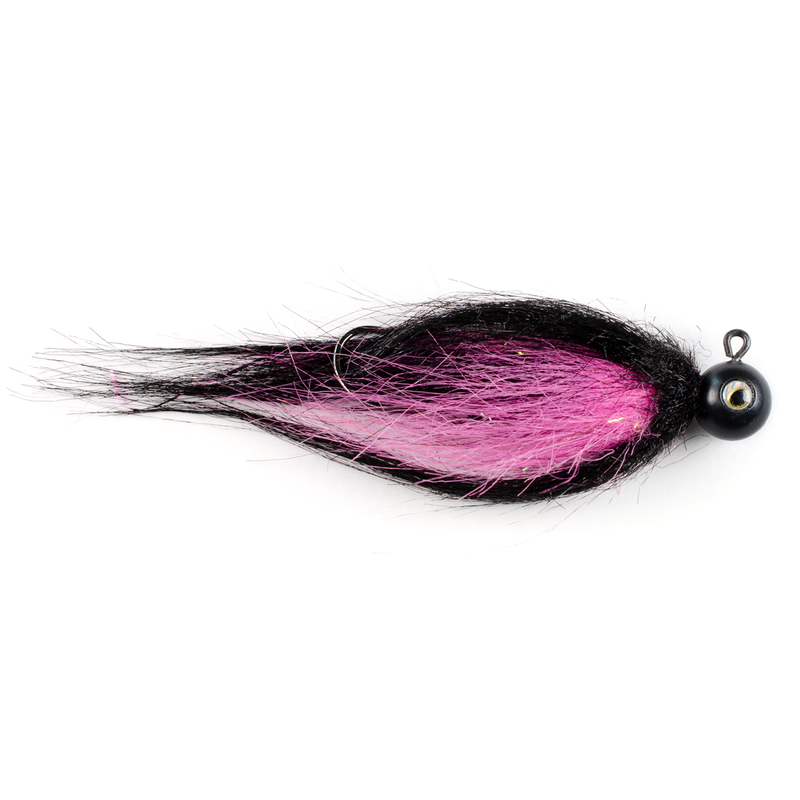 Black quarter ounce jig head with pink and black skirting material