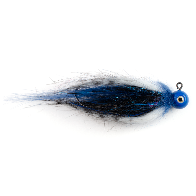 Blue quarter ounce jig head with blu, white barred black, and black Fair Flies fly fur for skirting material. Includes some small blue flash.