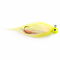 Chartreuse quarter ounce jig head with chartreuse and white Fair Flies fly fur skirting material and orange and black barred silicone legs