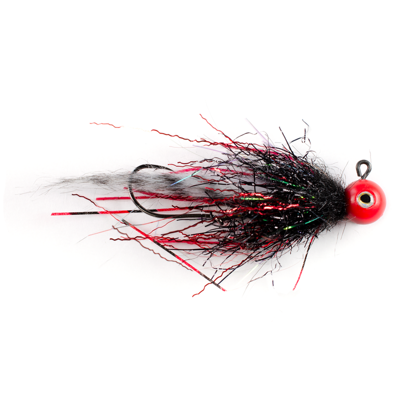 Red quarter ounce jig head with black Fair Flies fly fur, red and black flash and white barred black Fair Flies fly fur as skirting material